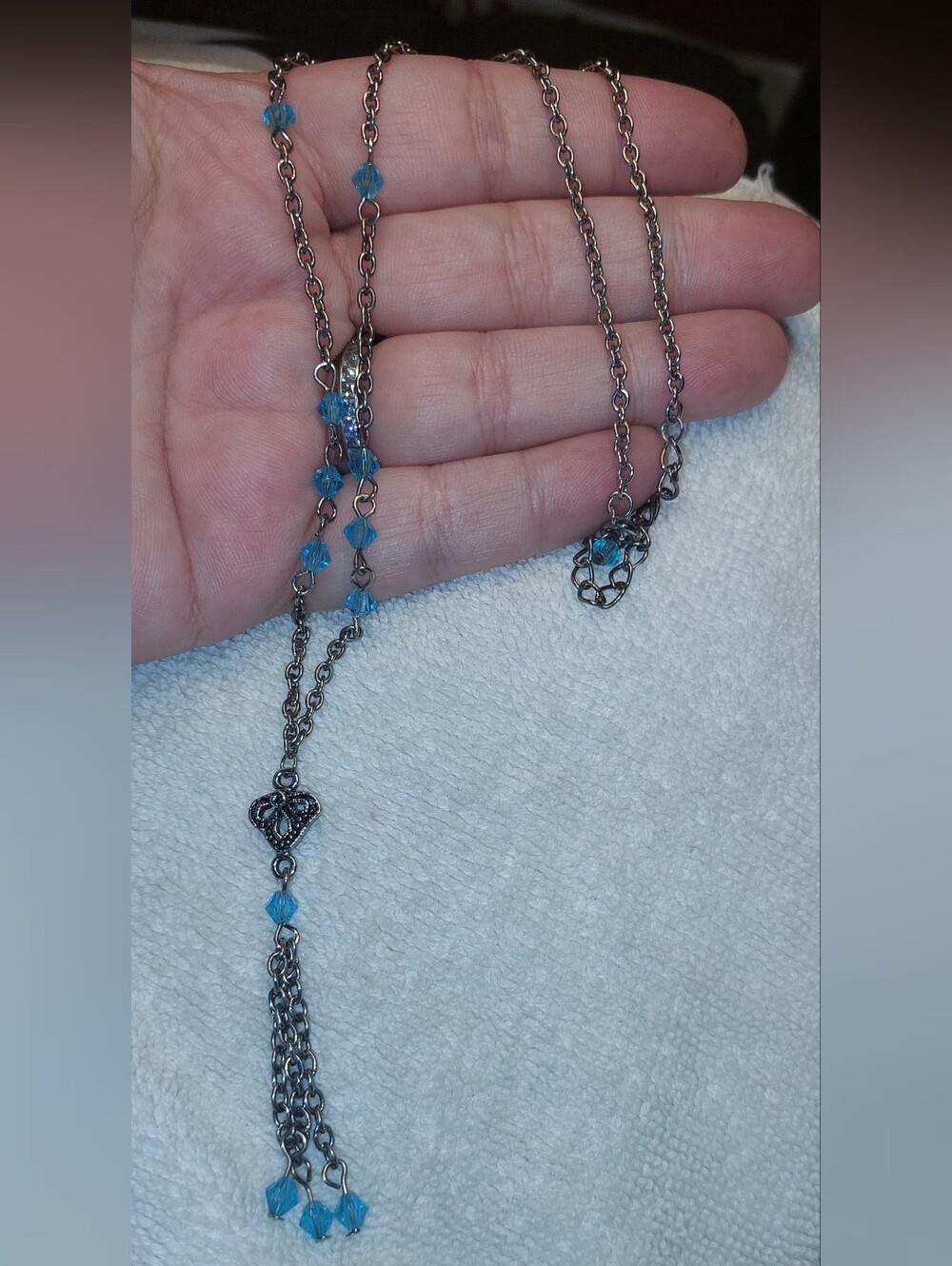 Delicate Blue Crystal Heart Tassel Necklace